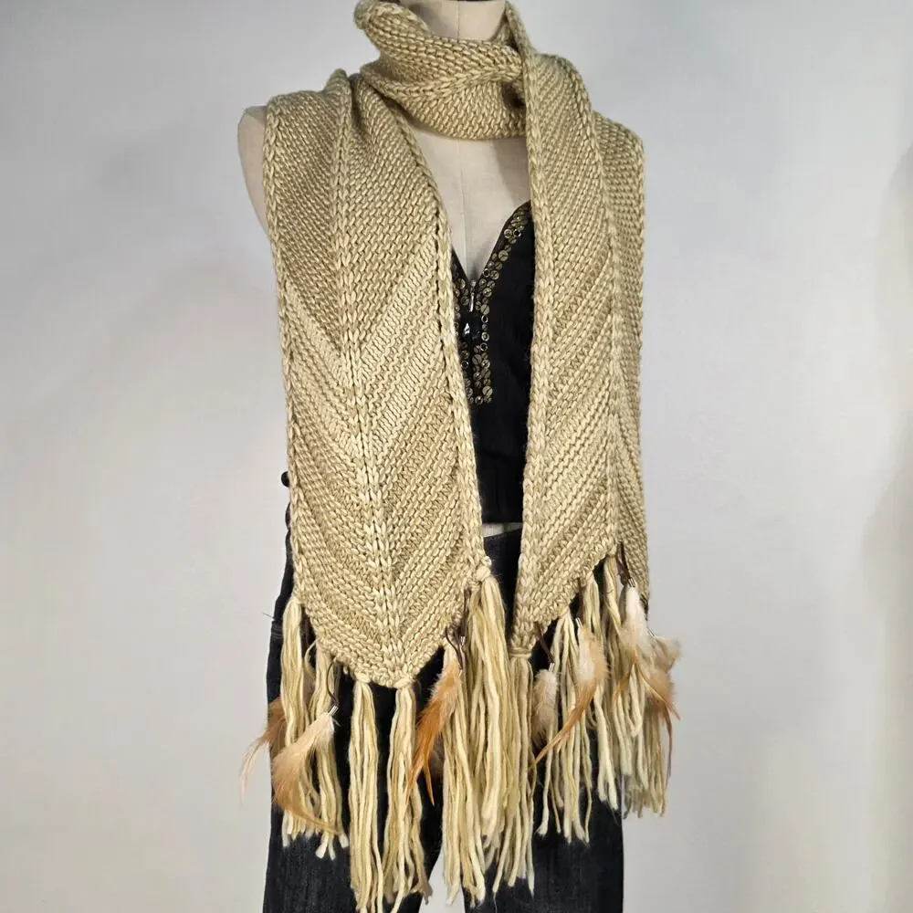 NWT Chunky Knit Feather Fringe Scarf Boho Western Y2K Indie Sleaze Arizona Jean